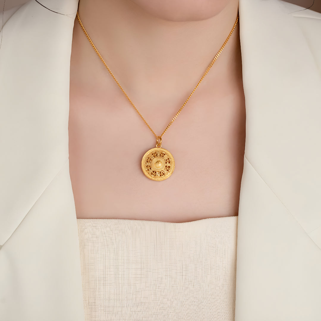 24K Round Compass Fortune Blessing Gold Pendant - Gypsophila Co.