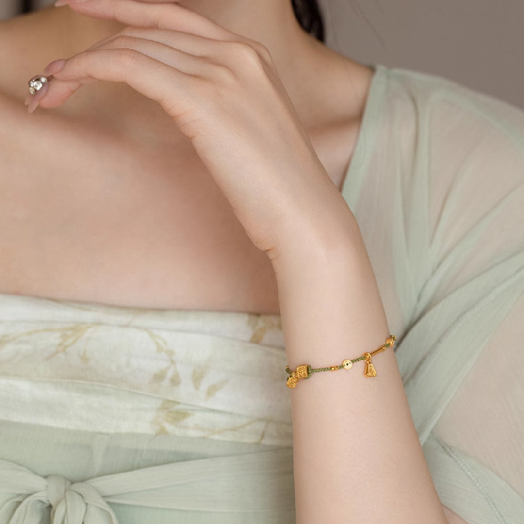 24K Real Gold beads Charms Blessing Bell Lucky Green Tea rope string Braided bracelet