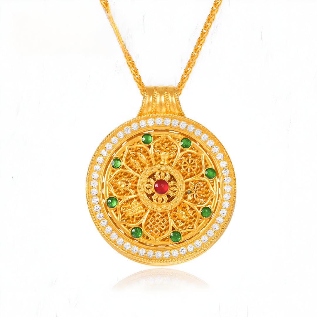 24K Pure Gold Eight Treasures Compass Rotatable pendant with Necklace - Gypsophila Co.