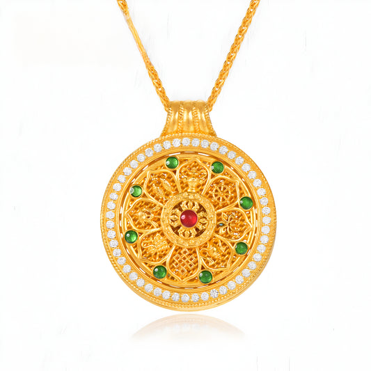 24K Pure Gold Eight Treasures Compass Rotatable pendant with Necklace - Gypsophila Co.