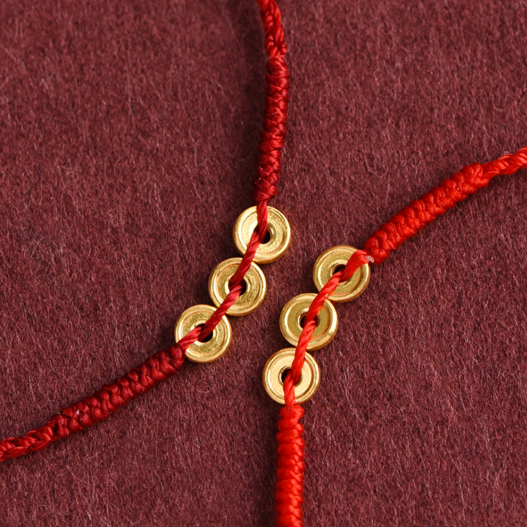 24k Solid 999 Gold Coins Charm Red Rope Bracelet for Men and Women Blessing and Safe Braided Bracelet
