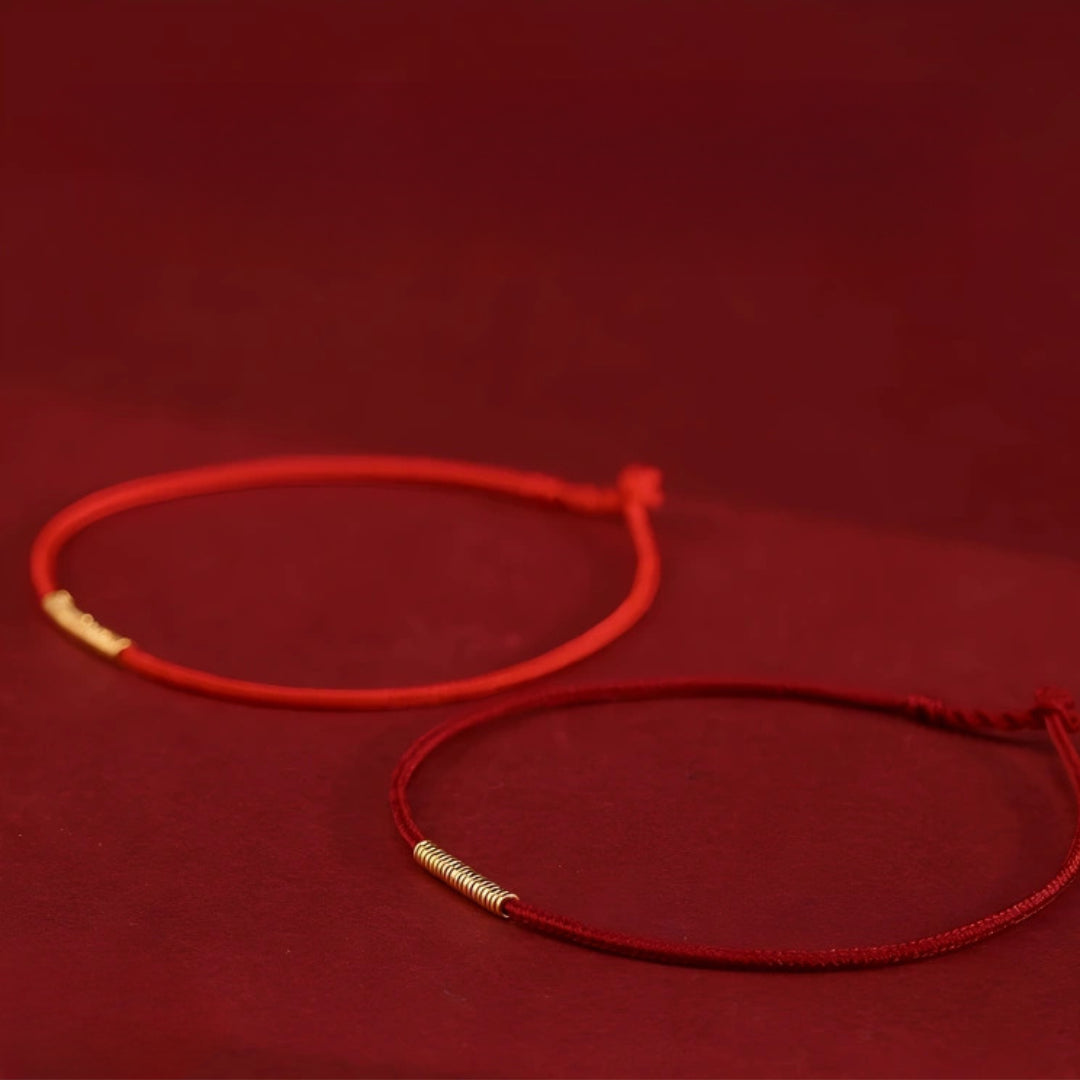24k Solid 999 Gold Blessing Hoop Beads with Thin Red String Braided Rope Bracelet Minimal Minimalist Style