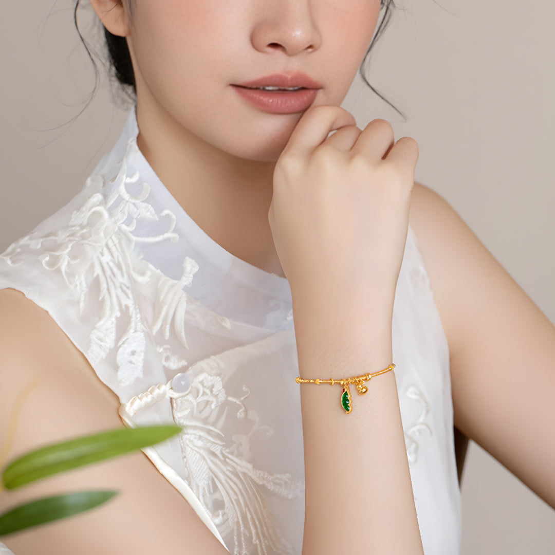 24k Pure Gold Jade Green Pea Lucky Gourd Charm Bracelet - Gypsophila Co.