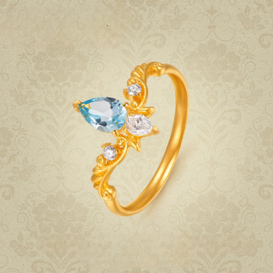 24K Real Gold Blue Water Drop Topaz Moissanite Rococo Style Proposal Ring - Gypsophila Co.