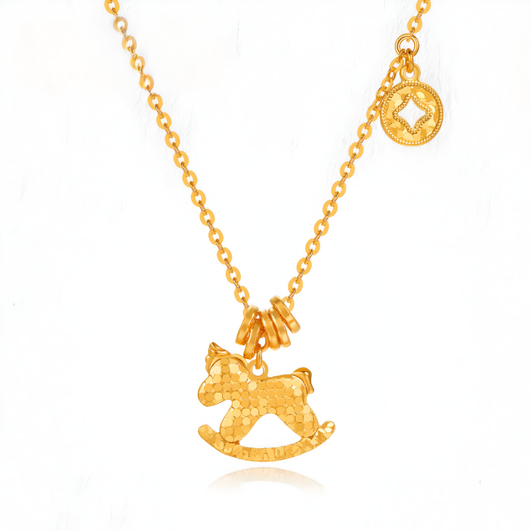 24K Pure Gold 5G Gold Pendant Trojan Rocking Horse with Necklace Bring Wealth - Gypsophila Co.