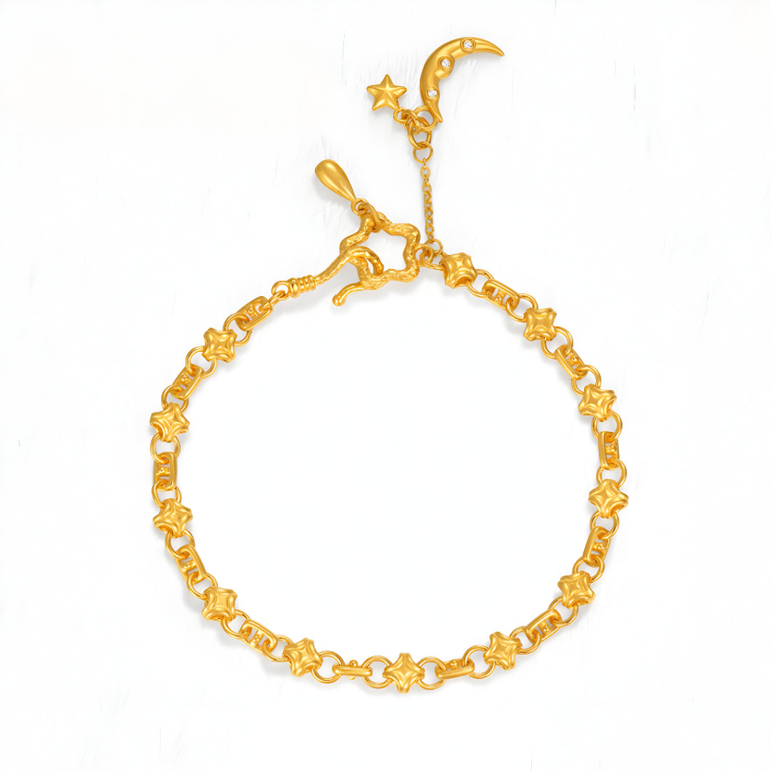 24K Pure Gold Moon and Star Dangle Charm Romantic Make a Wish Bracelet - Gypsophila Co.