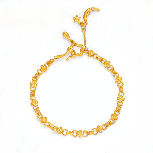 24K Pure Gold Moon and Star Dangle Charm Romantic Make a Wish Bracelet - Gypsophila Co.