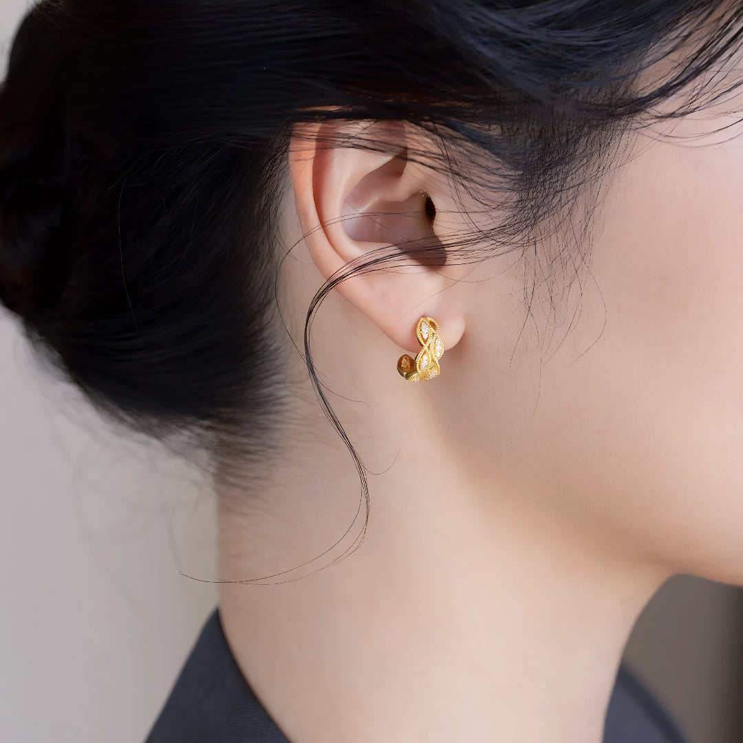 24K Real Gold Minimal Moissanite Twist Hoop Stud Earrings