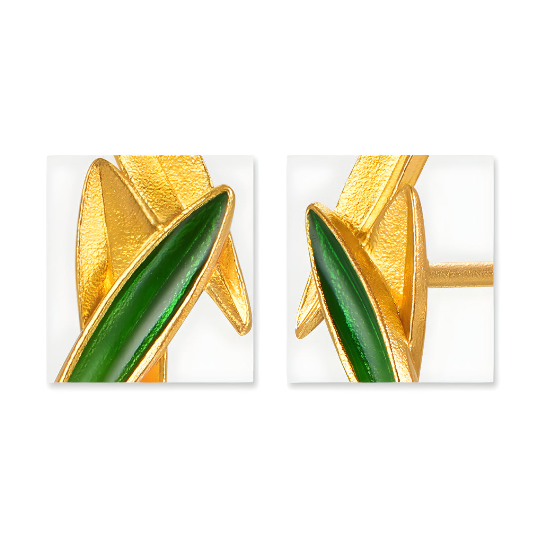 24k Pure Gold Green Enamel Bamboo Leaves Elegant Stud Earrings - Gypsophila Co.