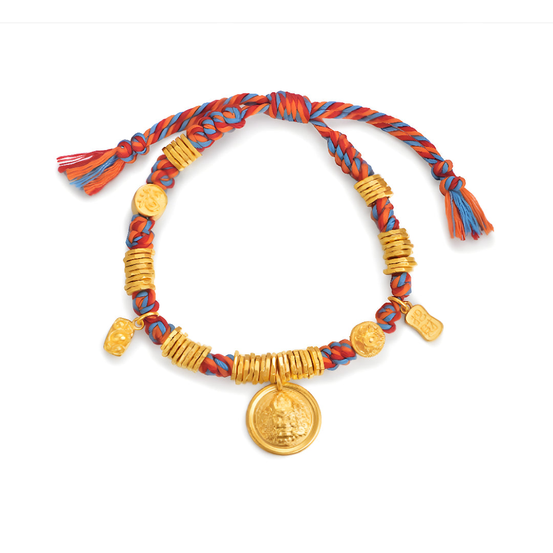 24K Pure Gold Dunhuang God of Wealth Gold Pendant Braided Rope Bracelet - Gypsophila Co.
