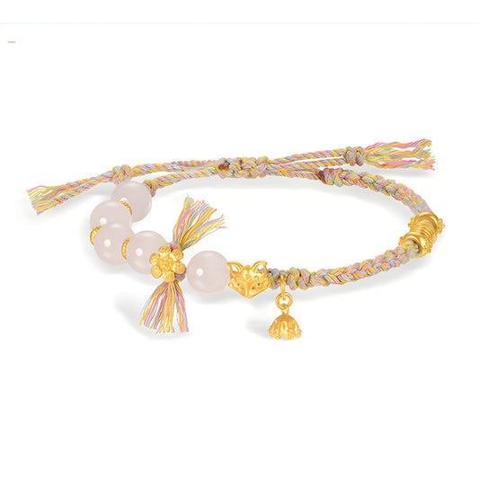 24K Pure Gold Peach Blossom Fox Mask Charm Braided Pink Crystal Rope Bracelet - Gypsophila Co.