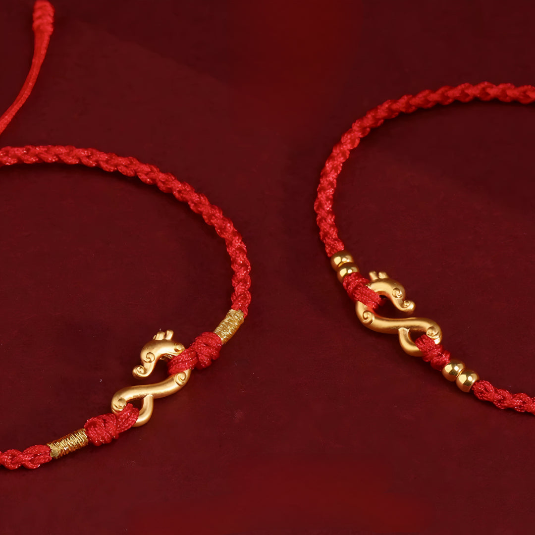 24k Solid 999 Gold Infinity Loop Dragon Pendant with Red String Braided Rope Bracelet and Anklet for Good Luck