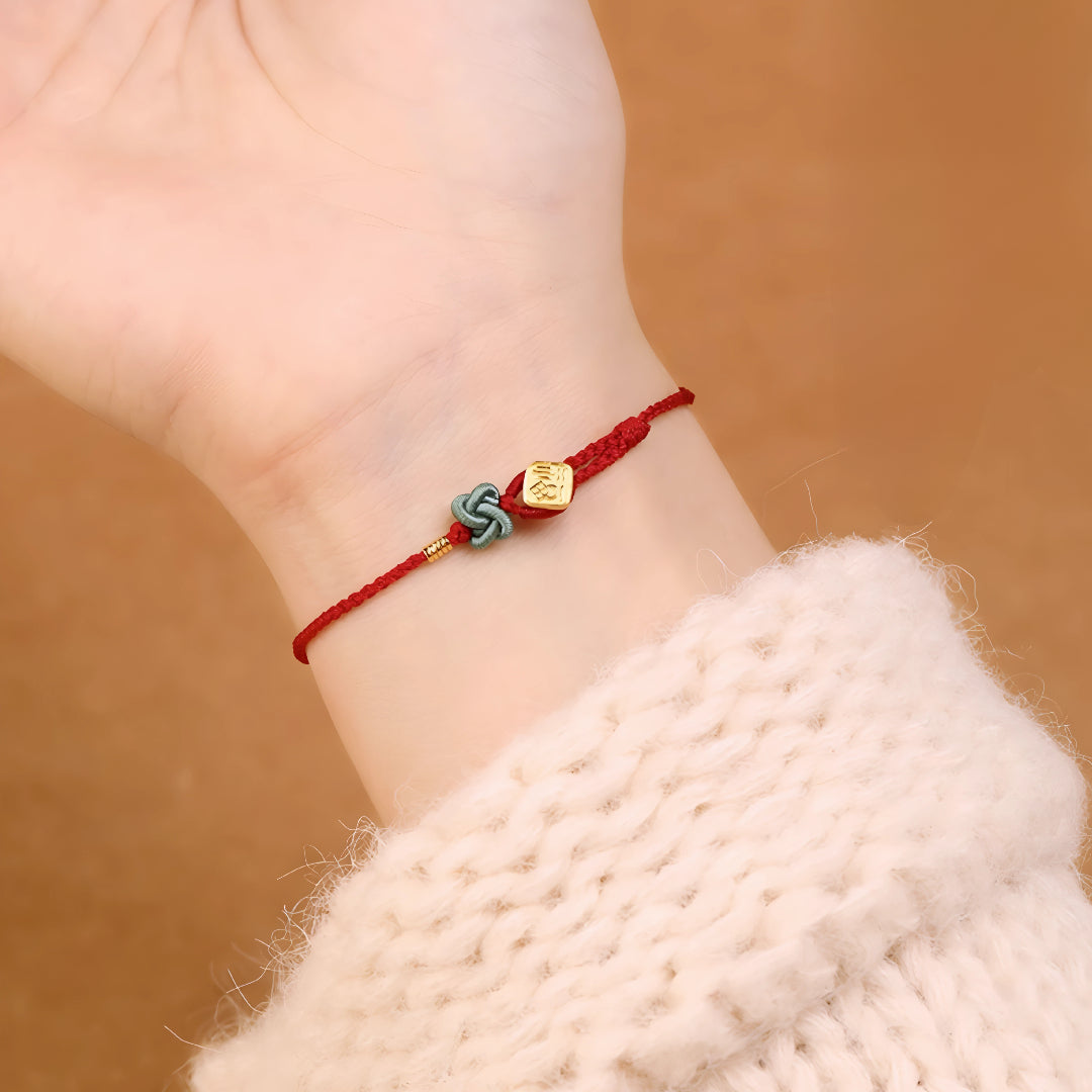 24k Solid 999 Gold Chinese Word Fu Blessing Pendant with Red String Braided Rope Bracelet for Good Luck