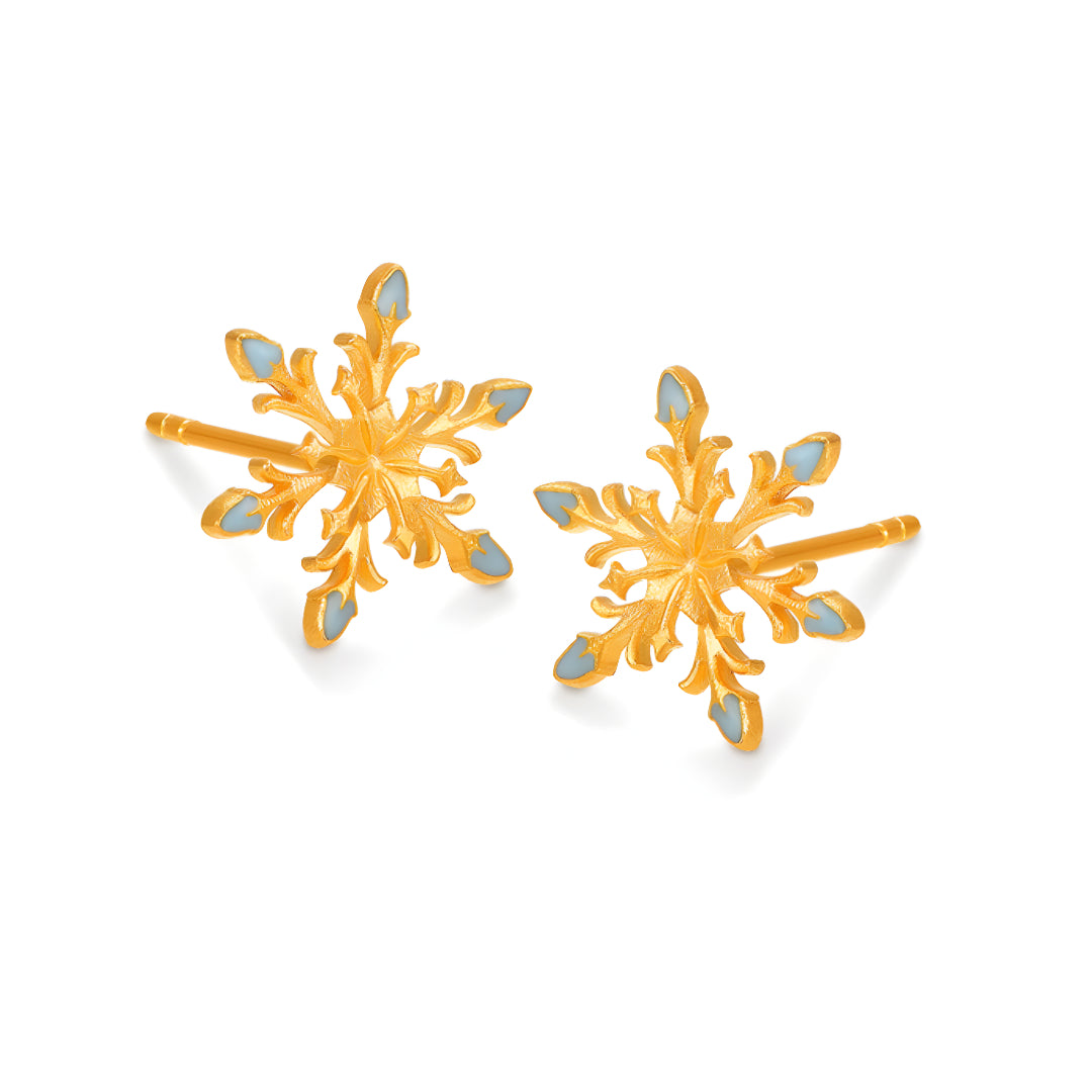 24K Real Gold Snow Snowflake Enamel Stud Earrings Great for Holiday Gift