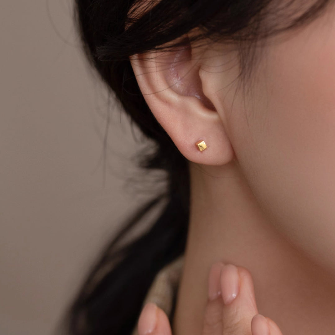 24K Real Gold Cube 5G Gold Minimal Minimalist Stud Earrings