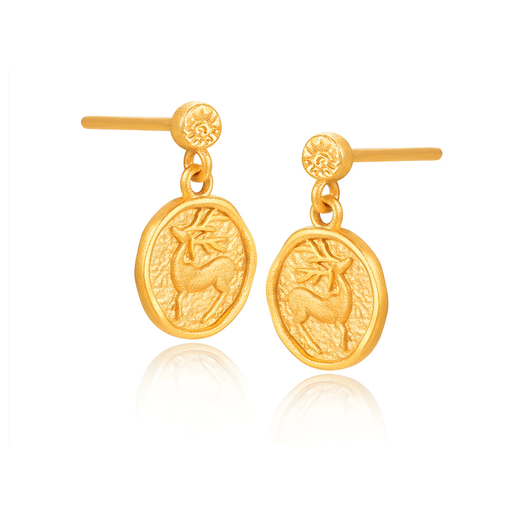 24K Pure Gold Earrings with Deer Chasing the Sun Stud Earrings