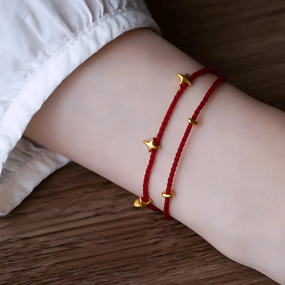 24k Pure 999 Gold Sea of Star Charm with Red or Blue Braided Rope Bracelet