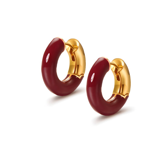 24K Pure Gold Red Hoop Earrings 5D Gold Retro Enamel New Year Earrings