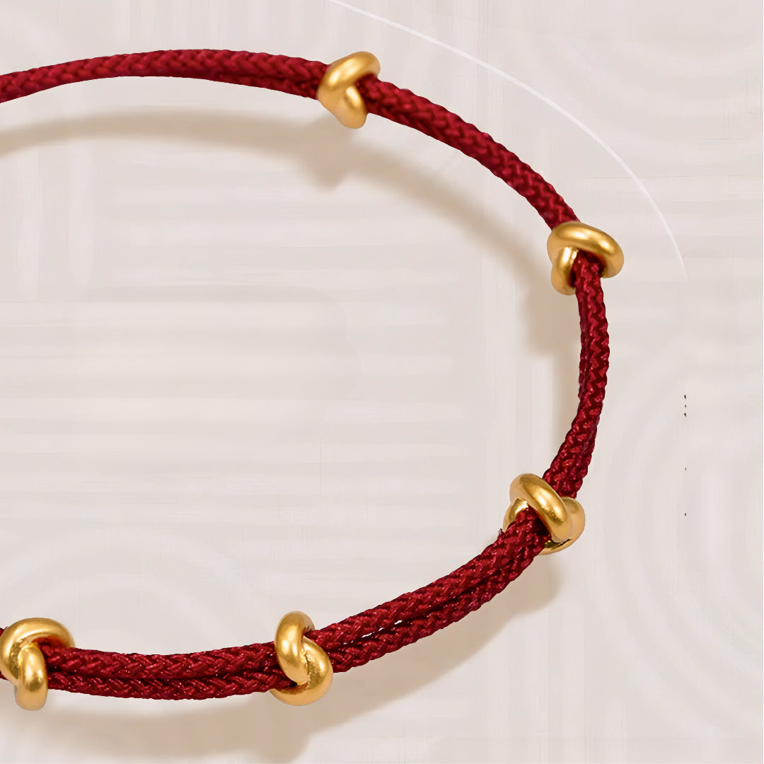 24k Pure 999 Gold Lucky Beads Tie the Knot with Red Rope Bracelet