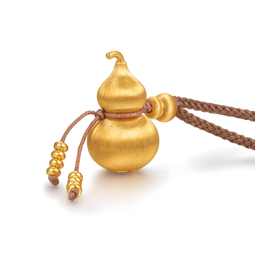 24K Pure Solid Gold Gourd Lucky Pendant with Rope Braided Necklace