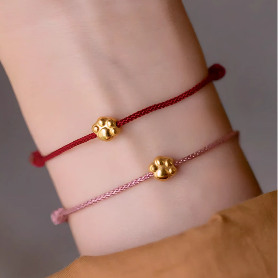 24k Pure 999 Gold Lucky Cute Cat's Paw and Beads with Red Rope Bracelet