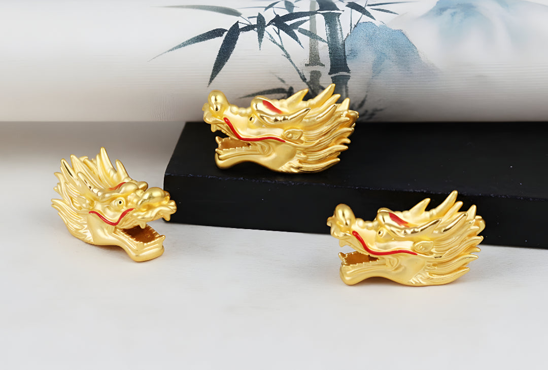 24K 999 Pure Gold 3D Hard Gold Zodiac Dragon Head Good Luck Charm D.I.Y Pendant