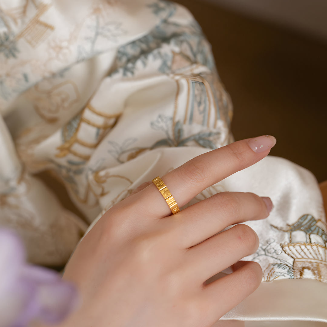 Mahjong 24K Gold Ring Good Fortune Bring Wealth Band Stacking Ring