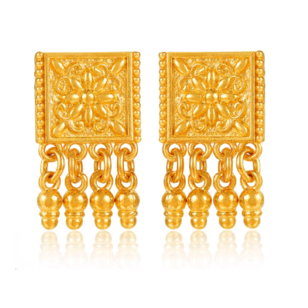 24K Real Gold handmade Ethnic Style Charm Dangle Flower Stud Earrings