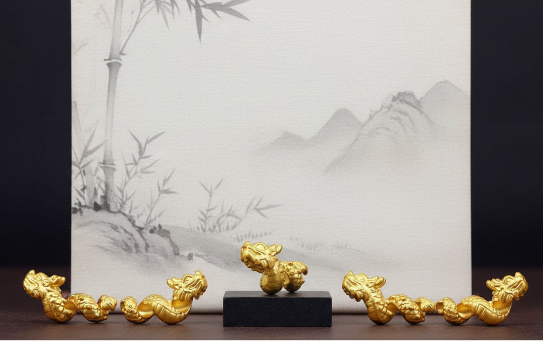 24K 999 Pure Gold 3D Hard Gold Zodiac Dragon entwined around Pillars Good Luck Charm D.I.Y Pendant