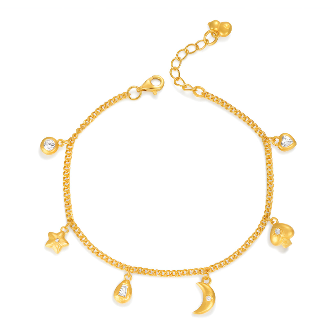 24k Pure Gold Moon and Star Charm Zircon Bracelet - Gypsophila Co.