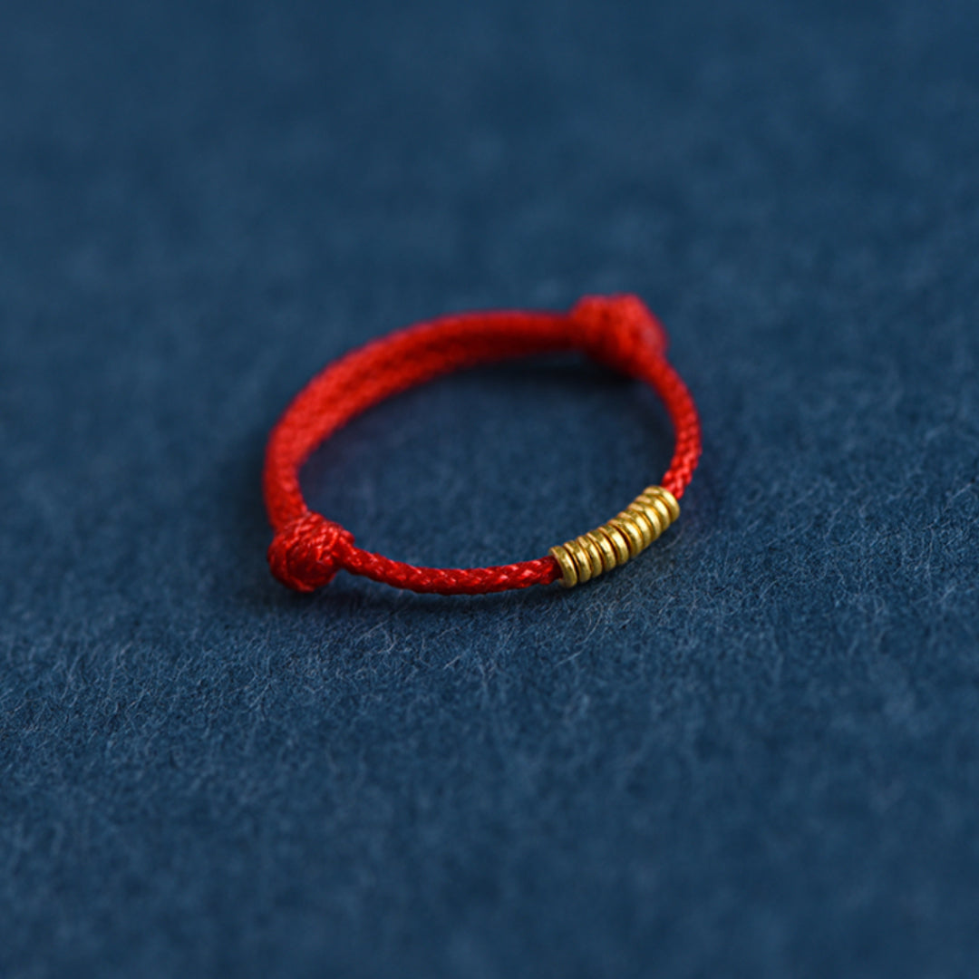 24k Solid 999 Gold Lucky Beads Red Rope Braided Adjustable Stacking Ring Minimal Style