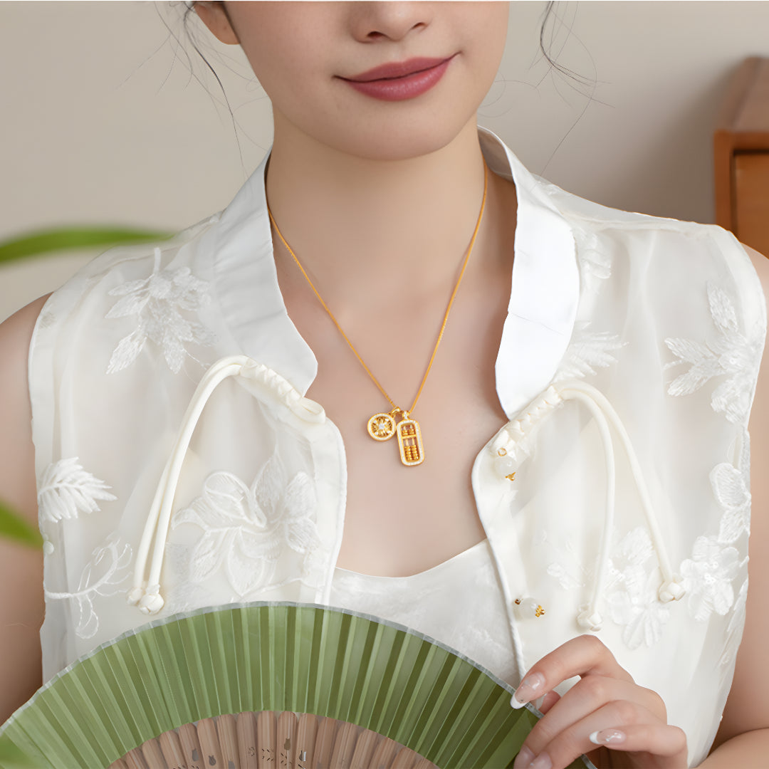 24K Real Gold Round Zircon Sunflower Pendant and Abacus Beads Pendant - Gypsophila Co.