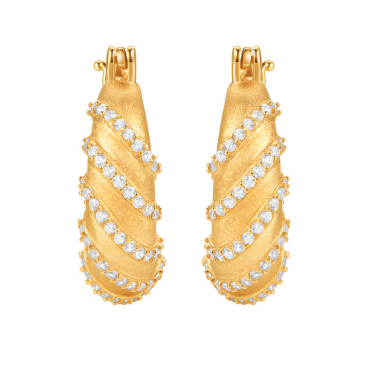 18k Real Gold Inlaid Rotating Twist Zircon Hoop Earrings