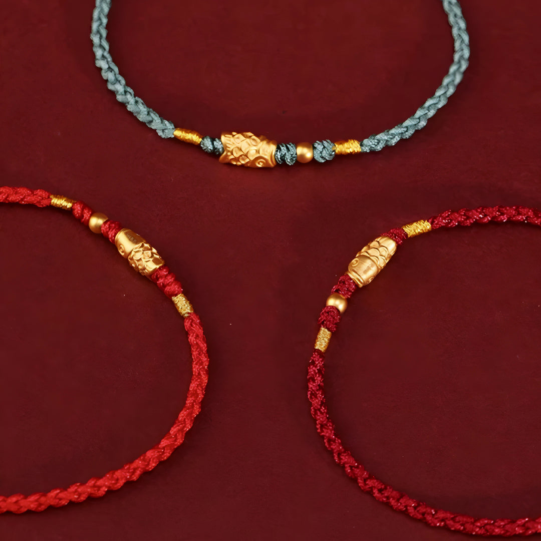 24k Solid 999 Gold Koi Carp Lucky Fish Red Rope Bracelet for Men and Women Braided Bracelet Bring Luck and Wealth