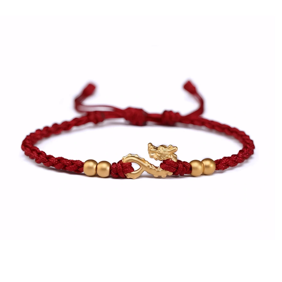 24k Solid 999 Gold Infinity Loop Dragon Pendant with Red String Braided Rope Bracelet and Anklet for Good Luck
