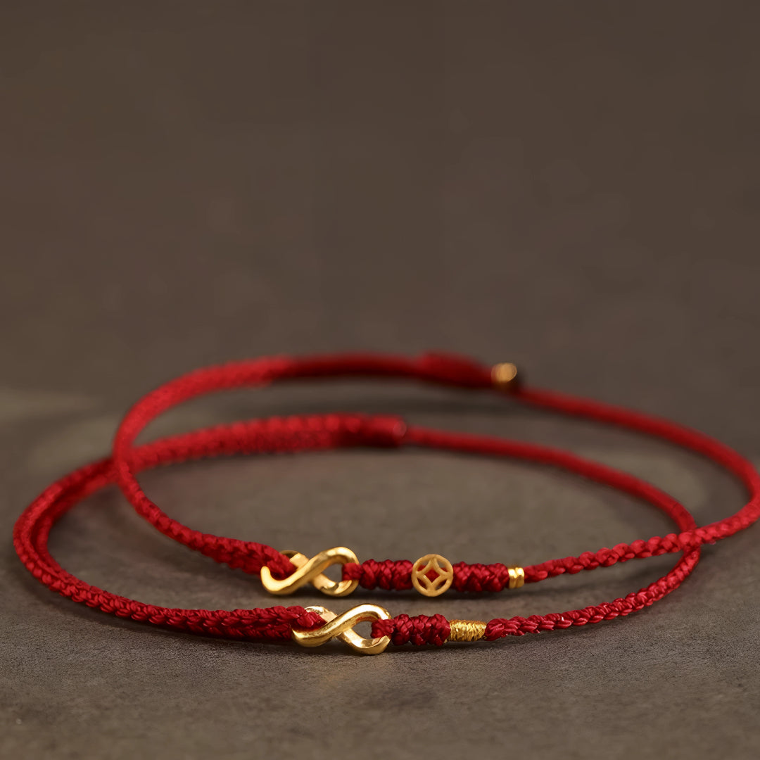 24k Solid 999 Gold Blessing Infinity Loop Pendant with Red String Braided Rope Bracelet and Anklet for Good Luck