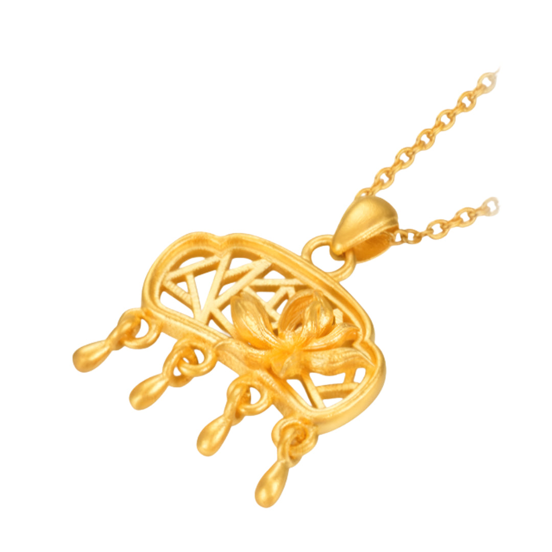 24K Pure Earrings Anicent Style Window Art Lotus Pendant - Gypsophila Co.