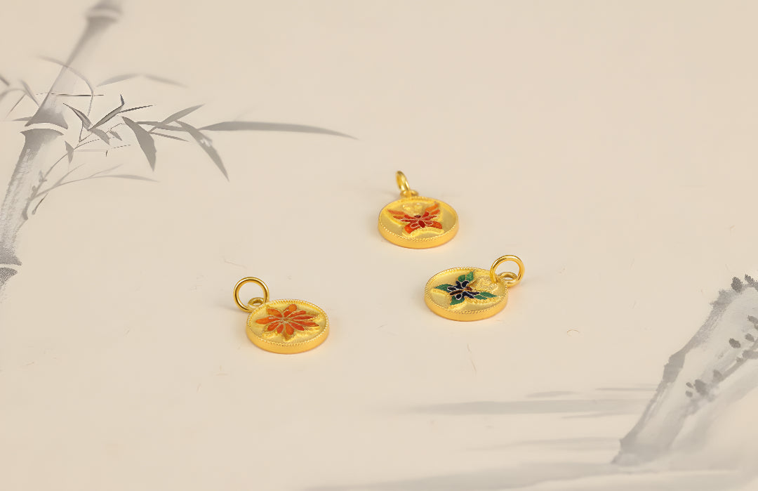 24k Pure Gold 999 Ancient Enamel Hand-engraved Double side Butterfly Charm Pendant