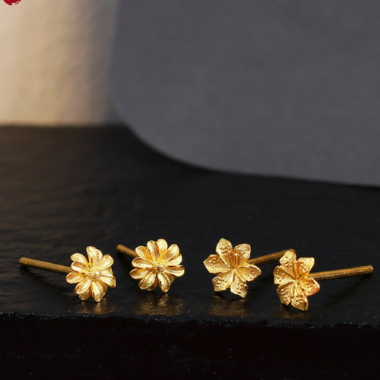 24K Solid 999 Gold Hand-Carved Craft Daisy Flower or Lily Flower Stud Earrings