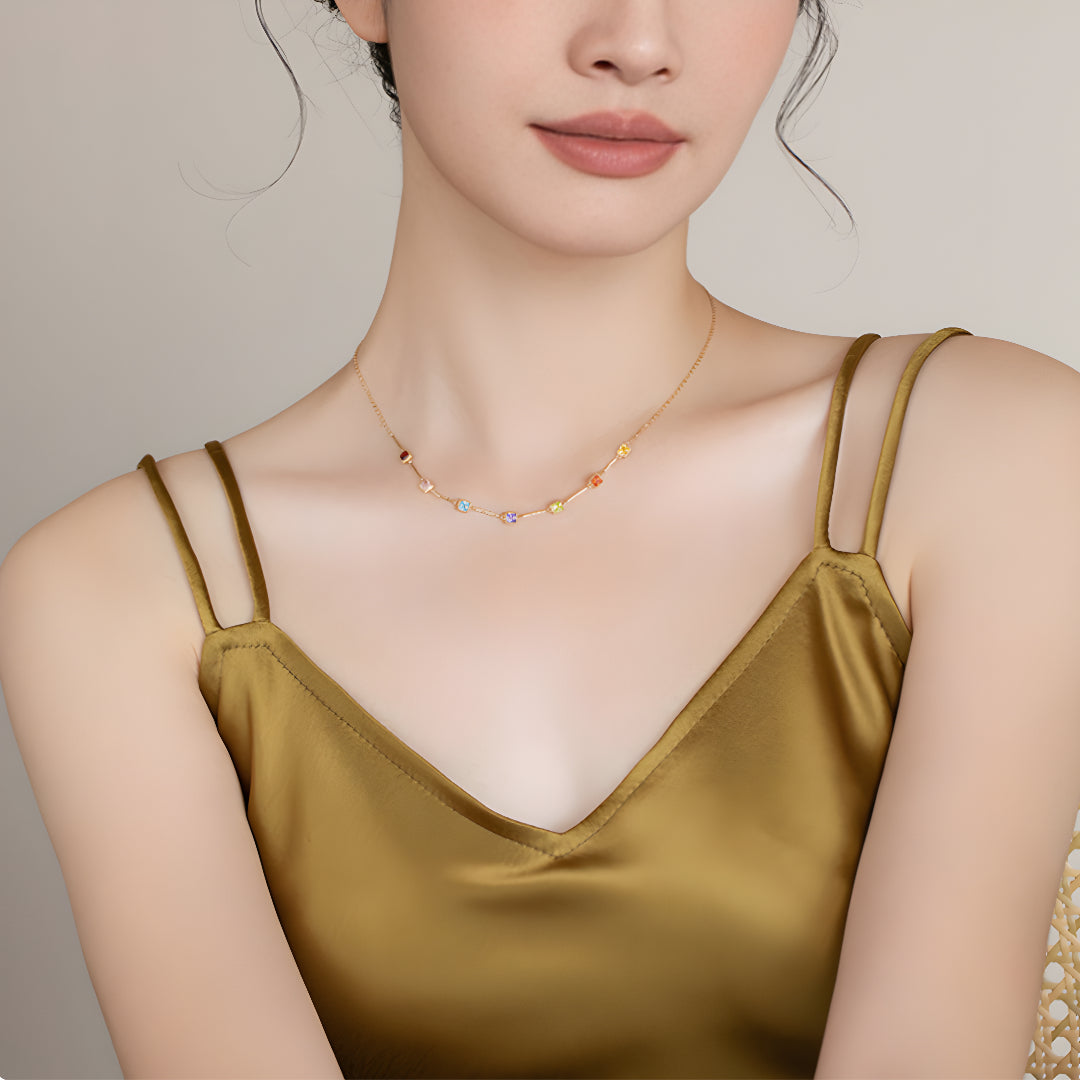 18K Real Gold Zircon Rainbow Cube Necklace - Gypsophila Co.