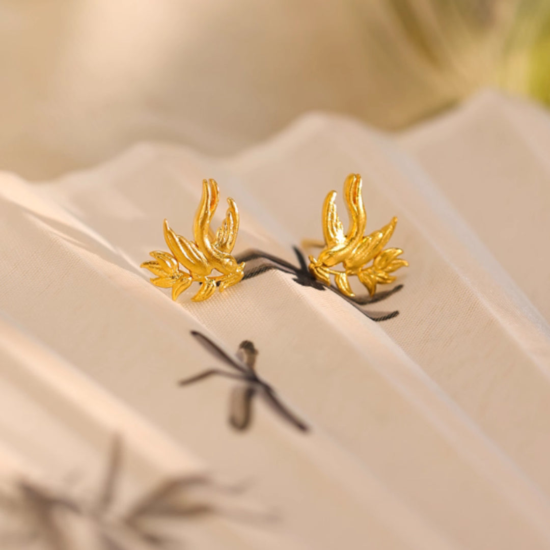 24K Real Gold Bird Swallow Peace Leaf Stud Earrings