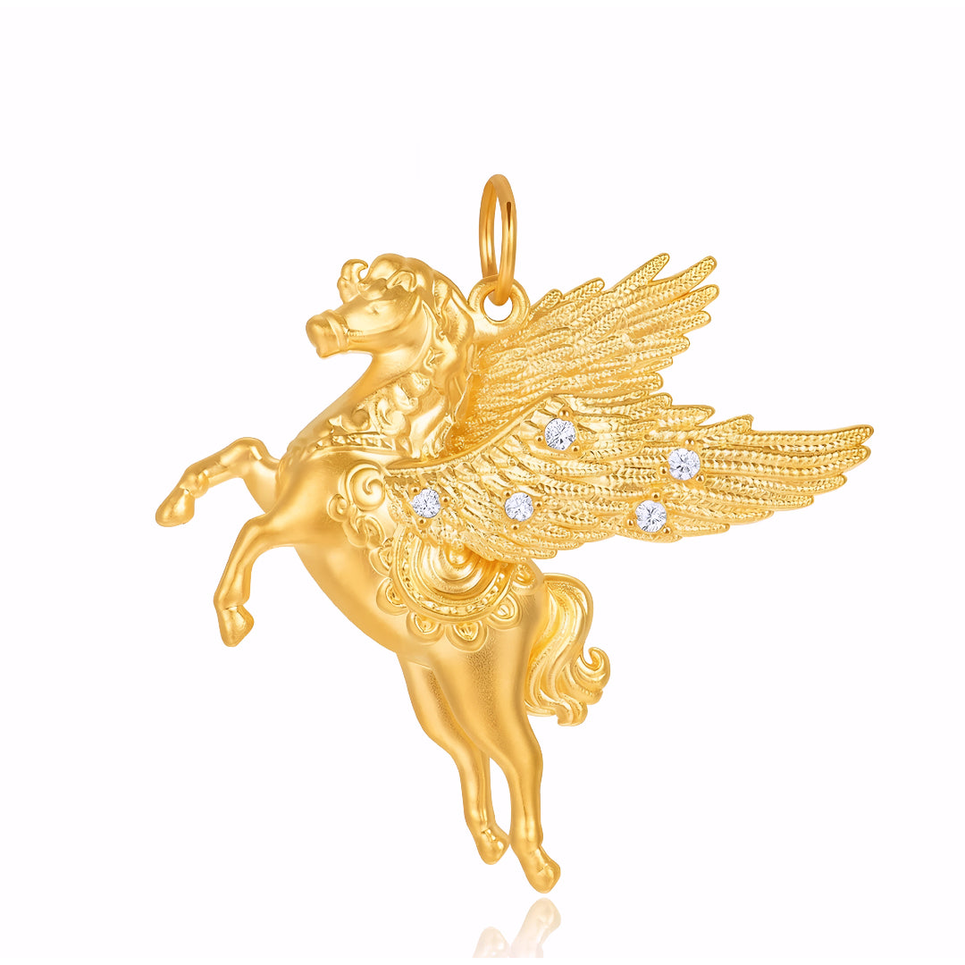 24k Real Gold Zodiac Year of Horse Unicorn with Zircon Wings Flying Horse Pendant