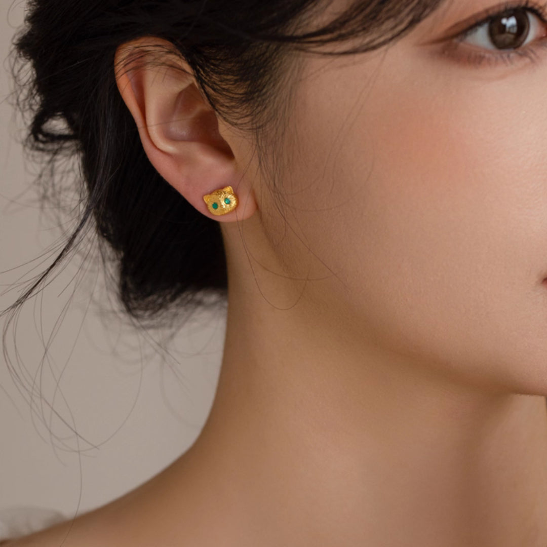 24K Real Gold Kitty Cat Stud Earrings with Green eyes Enamel