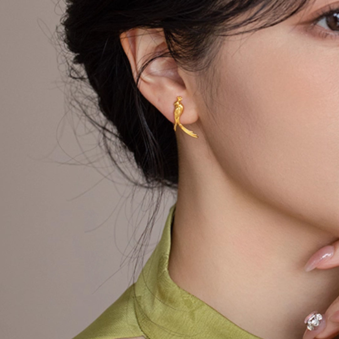 24K Real Gold Bird and Flower Unique Stud Earrings