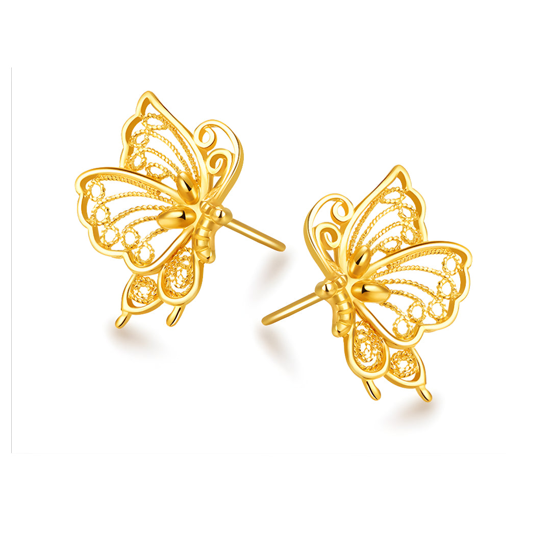 24K Real 999 Gold Lace Elegant Butterfly Stud Earrings
