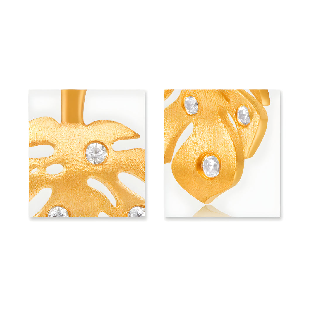 24k Pure Gold Leaf Leaves Zircon Stud Earrings