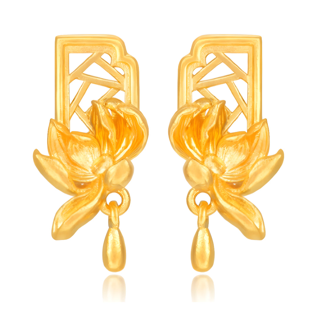 24K Pure Earrings Anicent Style Window Art Lotus Stud Earrings - Gypsophila Co.