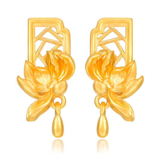 24K Pure Earrings Anicent Style Window Art Lotus Stud Earrings - Gypsophila Co.