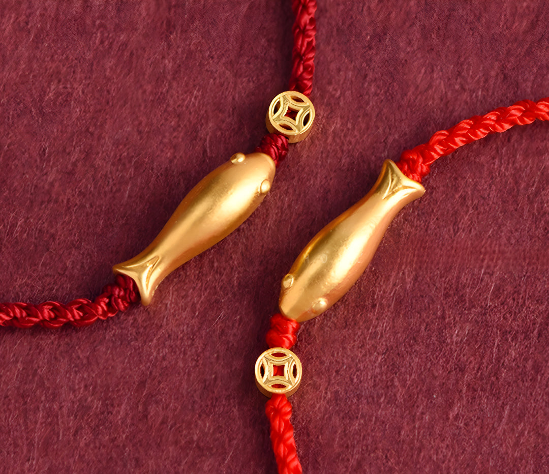 24k Solid 999 Gold Koi Carp Lucky Fish Red Rope Bracelet for Men and Women Braided Bracelet Bring Luck and Wealth