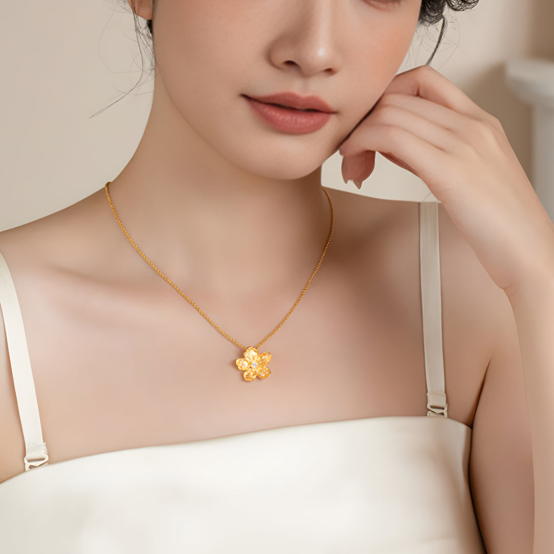 24K Pure Gold 5D Stylish Brushed Gold Flower Pendant - Gypsophila Co.